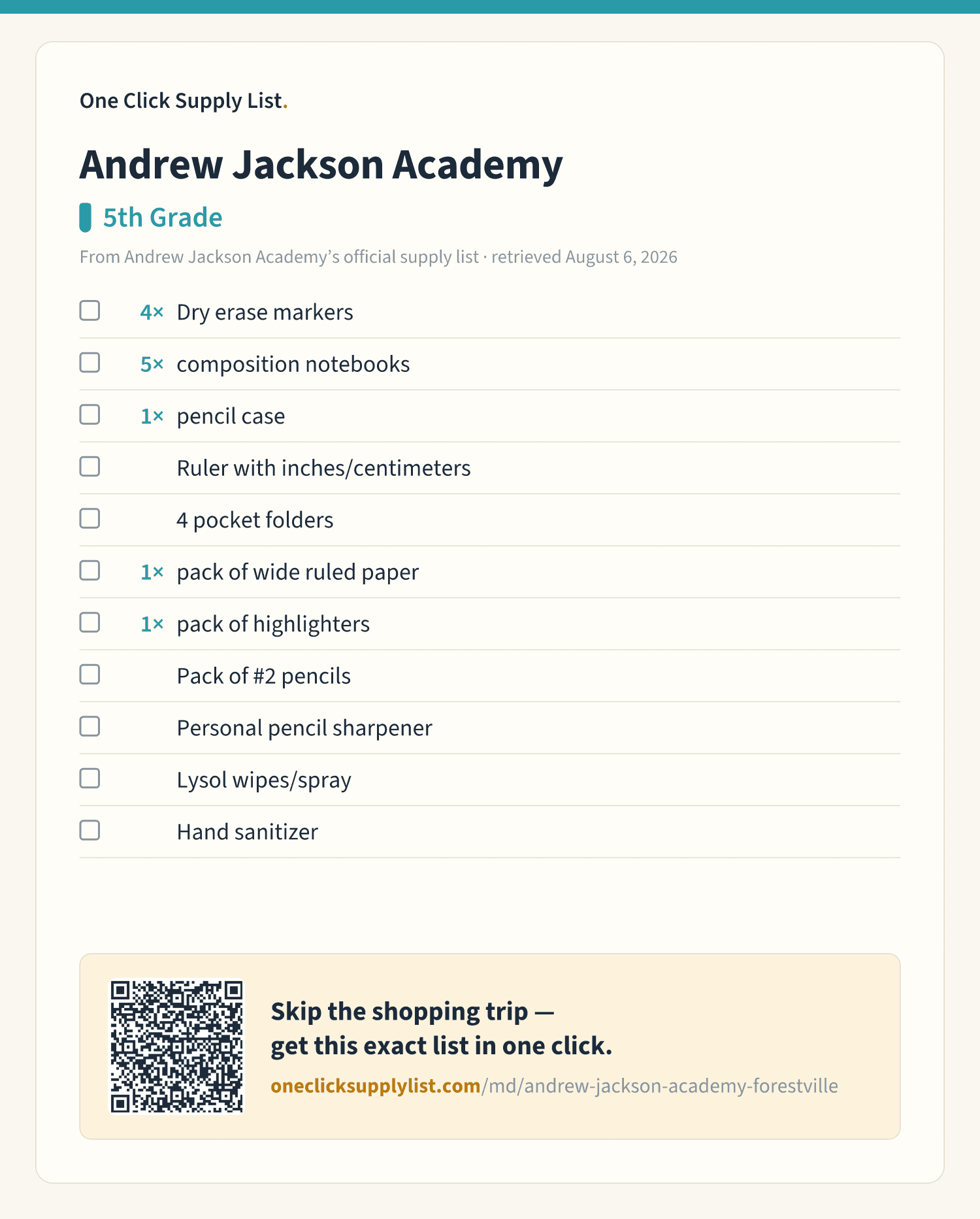 Andrew Jackson Academy 5th Grade supply list — printable image