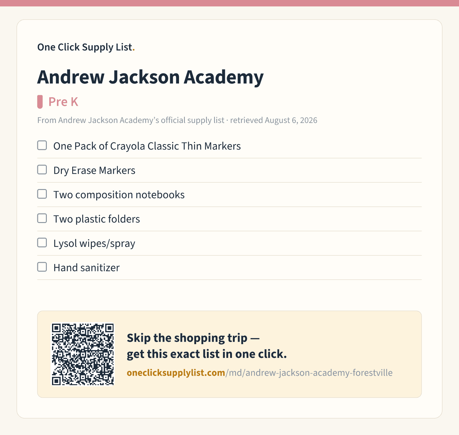 Andrew Jackson Academy Pre K supply list — printable image