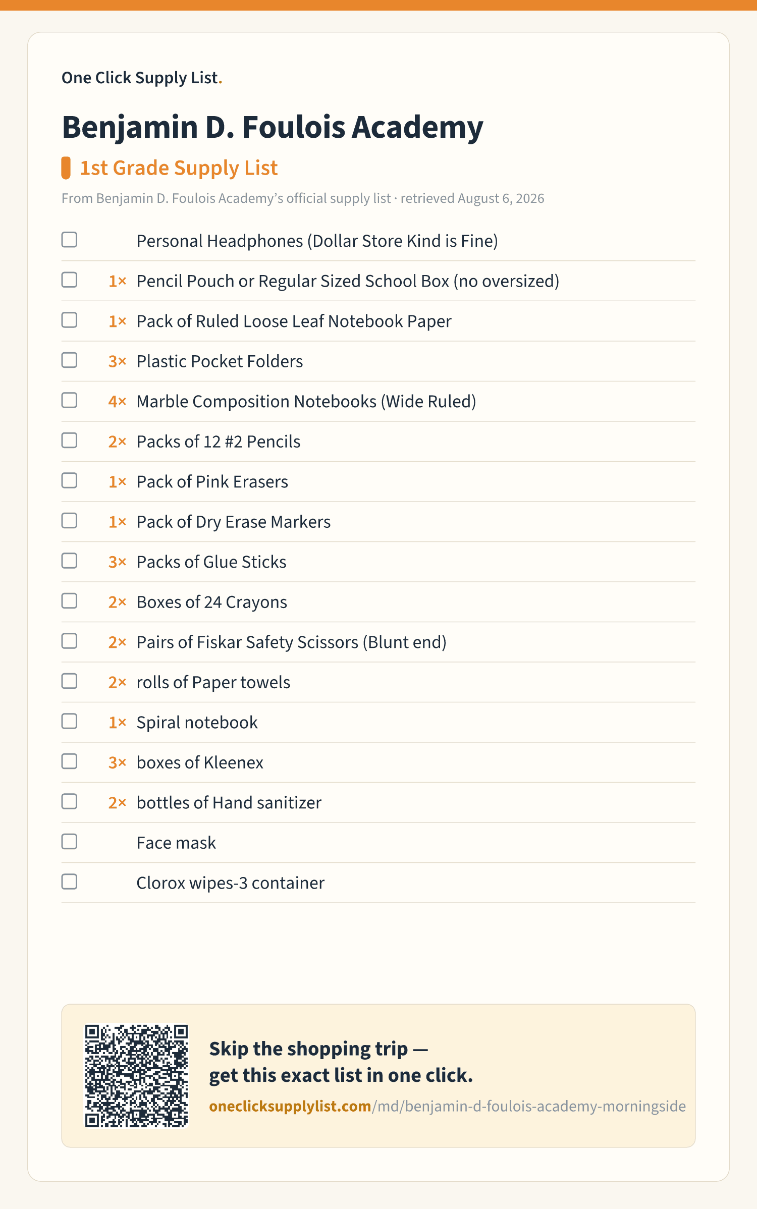 Benjamin D. Foulois Academy 1st Grade Supply List supply list — printable image