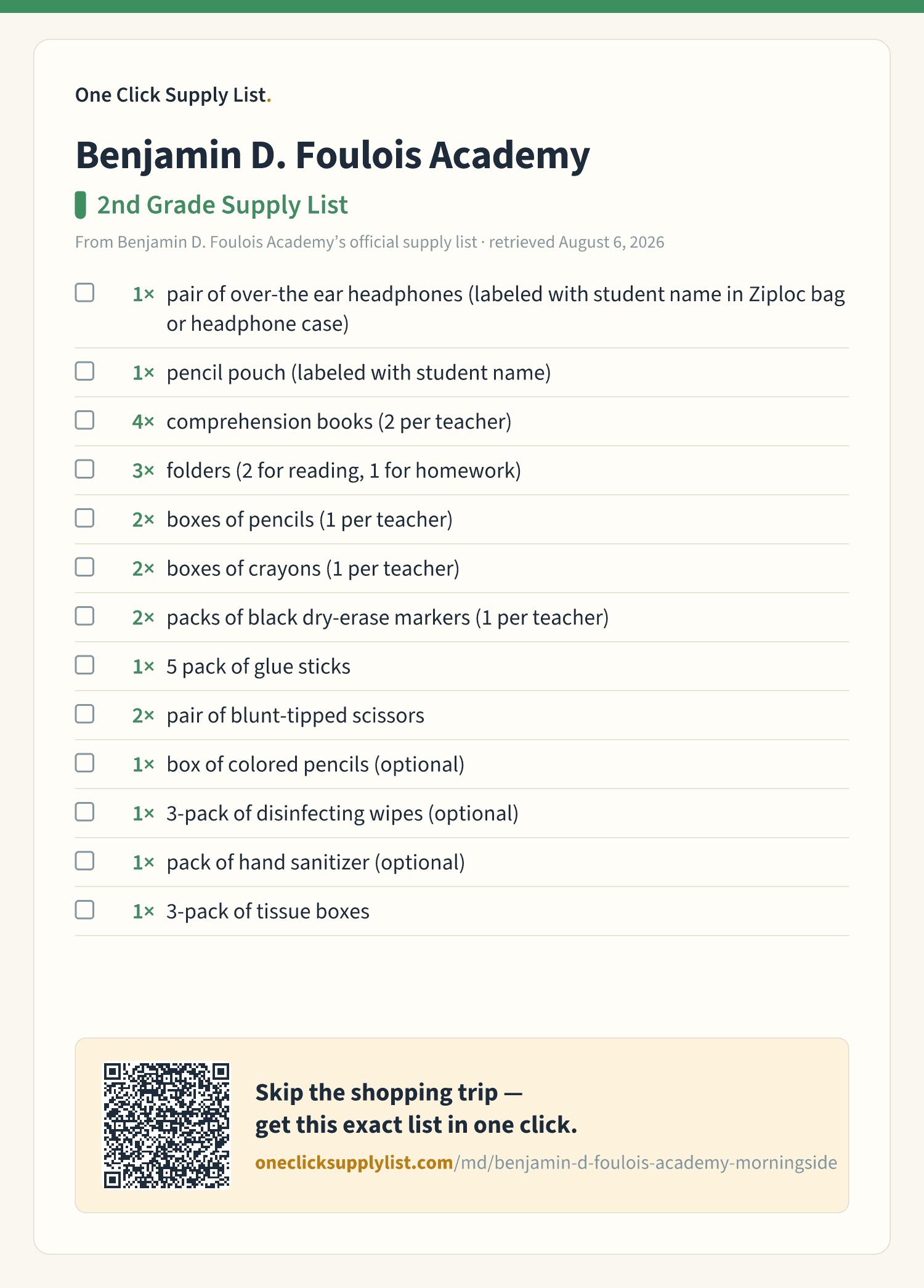 Benjamin D. Foulois Academy 2nd Grade Supply List supply list — printable image