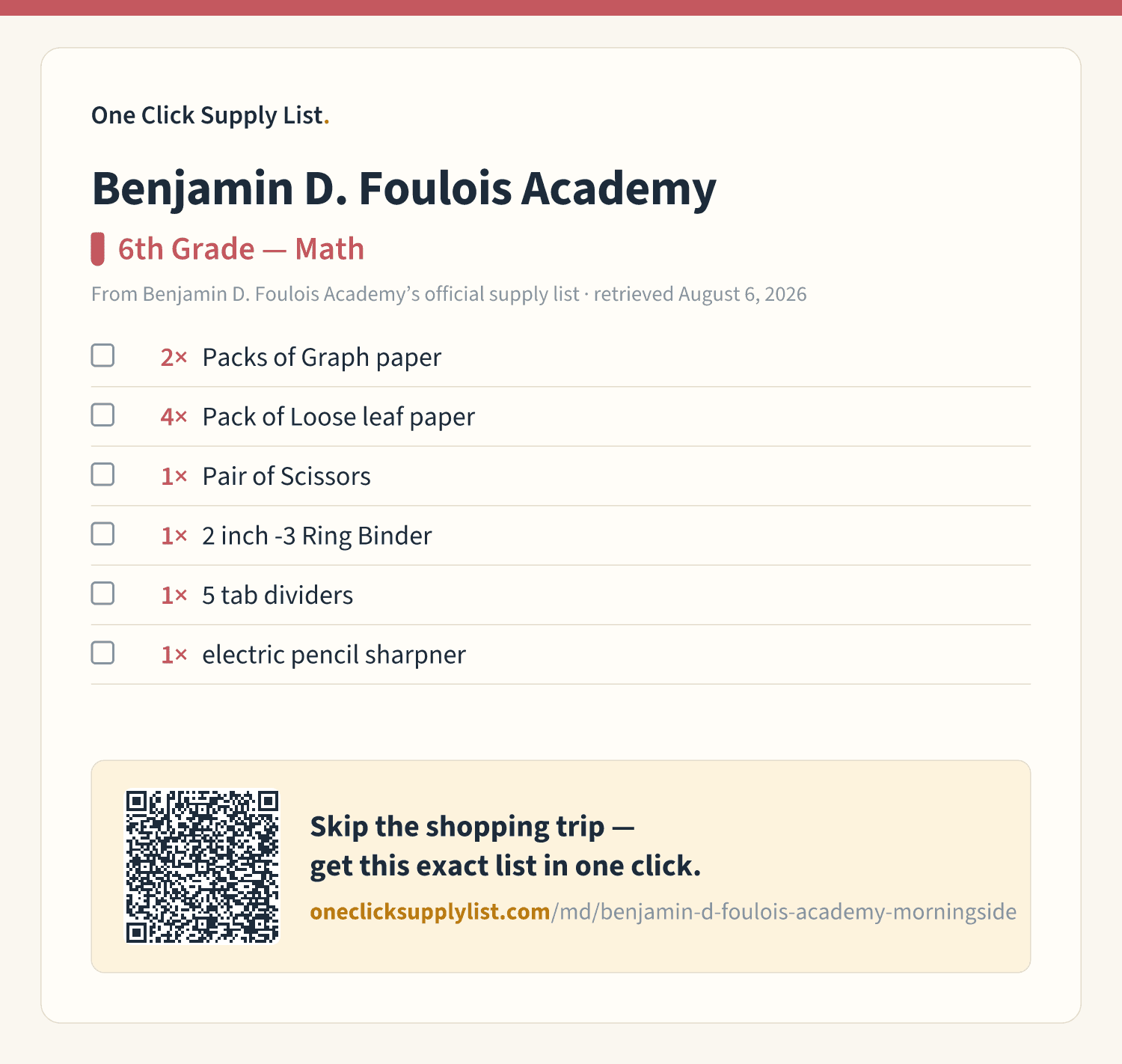 Benjamin D. Foulois Academy 6th Grade — Math supply list — printable image