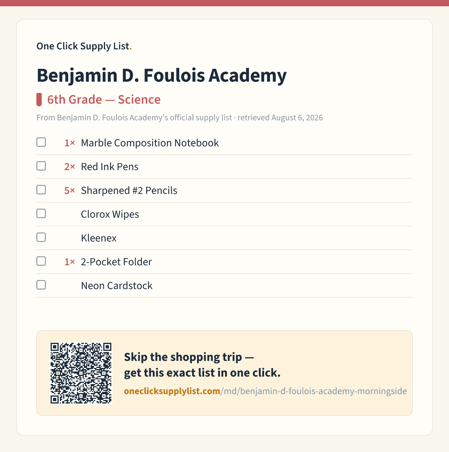 Benjamin D. Foulois Academy 6th Grade — Science supply list — printable image