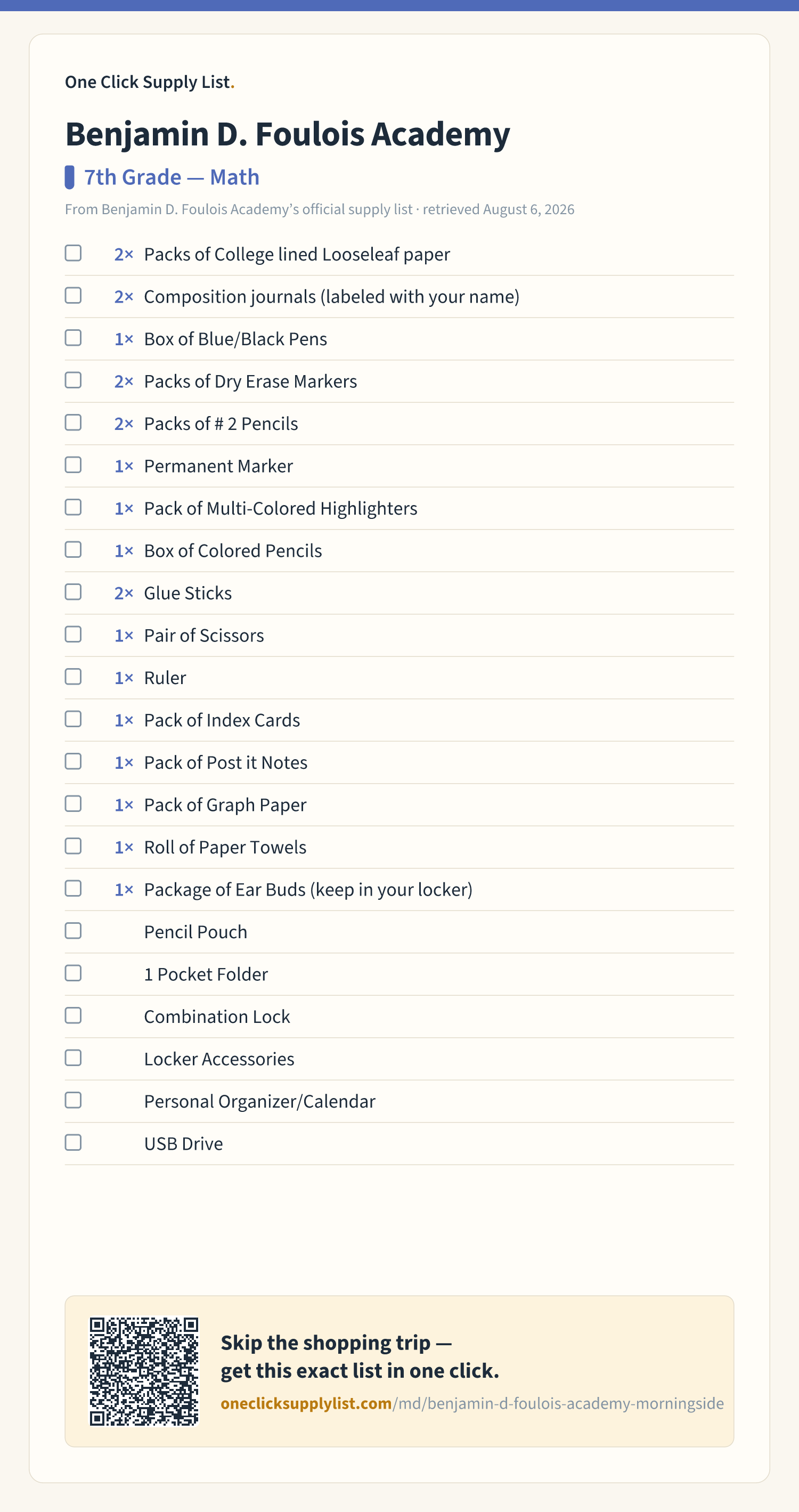 Benjamin D. Foulois Academy 7th Grade — Math supply list — printable image
