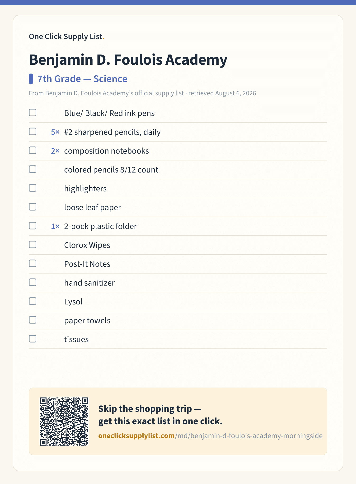 Benjamin D. Foulois Academy 7th Grade — Science supply list — printable image