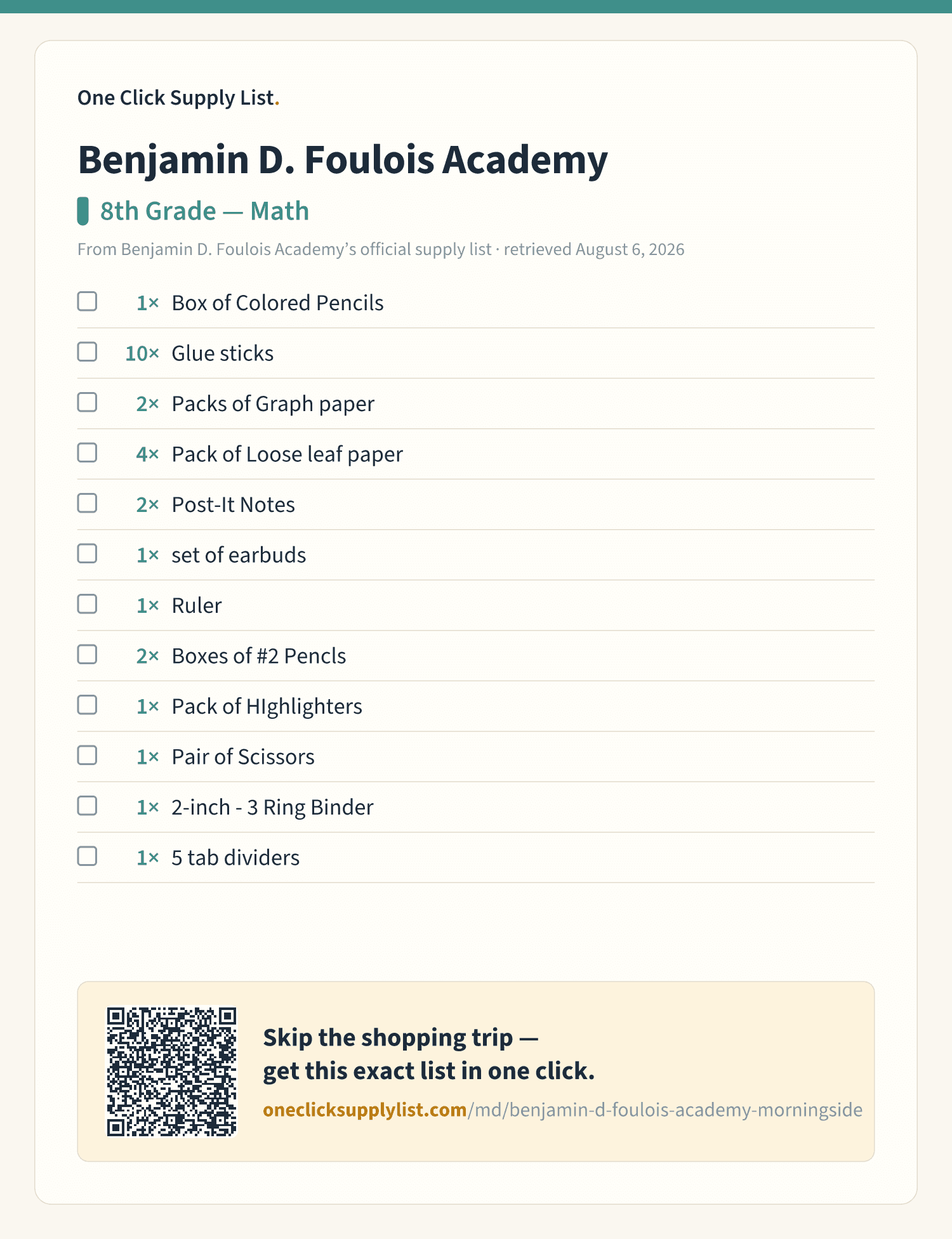 Benjamin D. Foulois Academy 8th Grade — Math supply list — printable image
