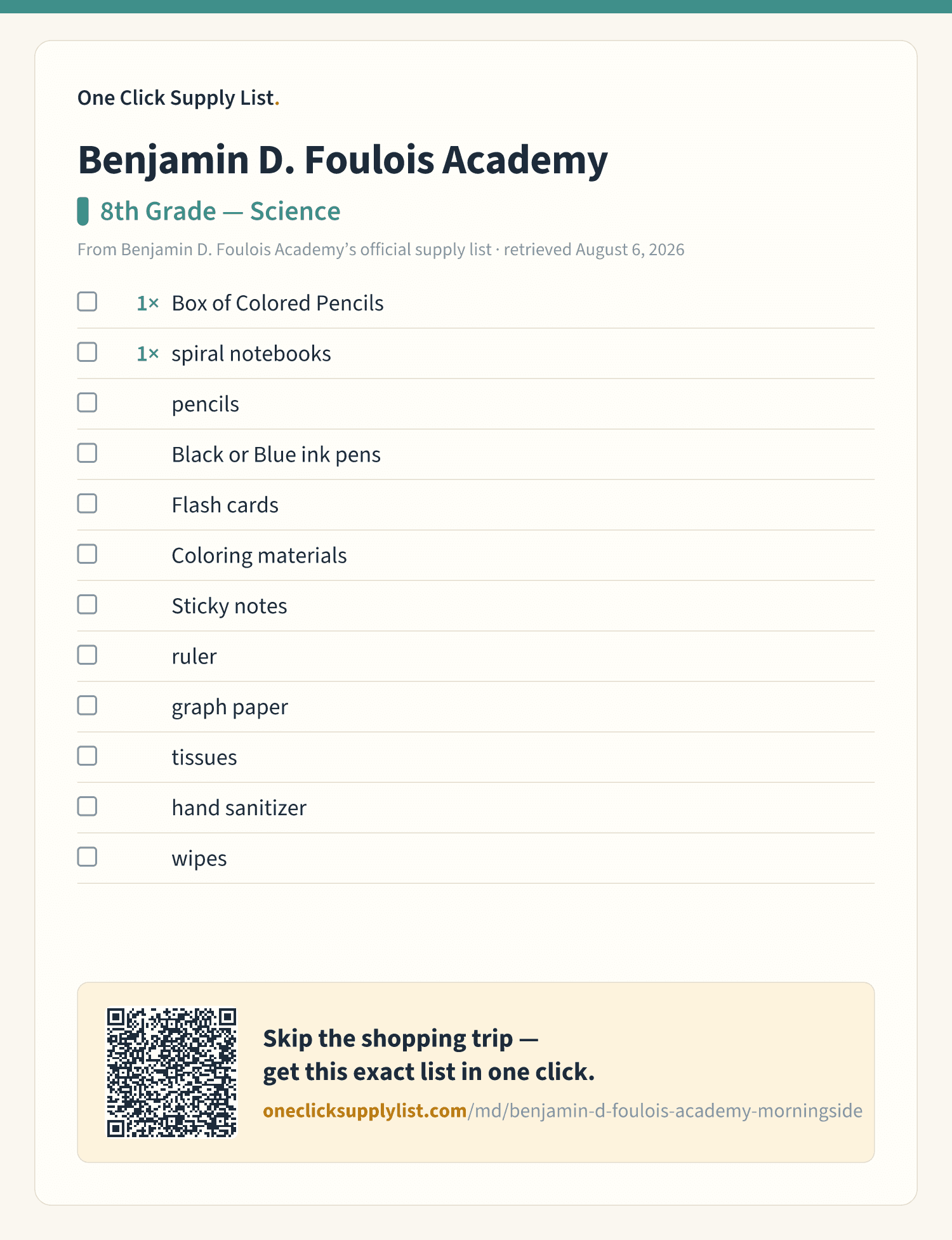 Benjamin D. Foulois Academy 8th Grade — Science supply list — printable image