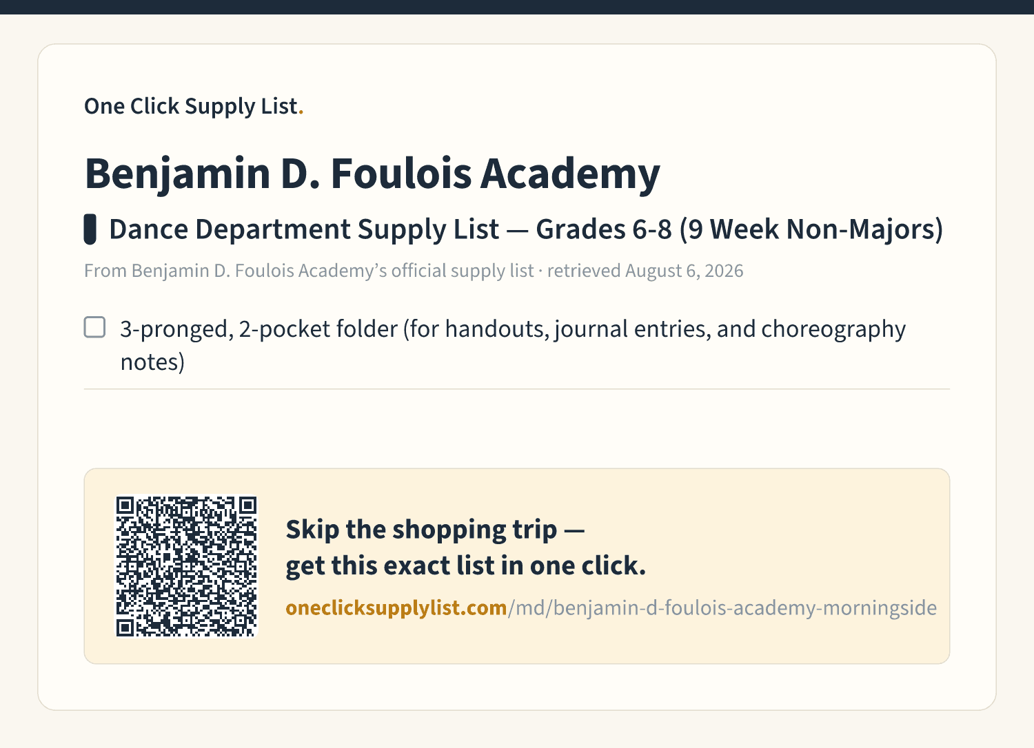 Benjamin D. Foulois Academy Dance Department Supply List — Grades 6-8 (9 Week Non-Majors) supply list — printable image