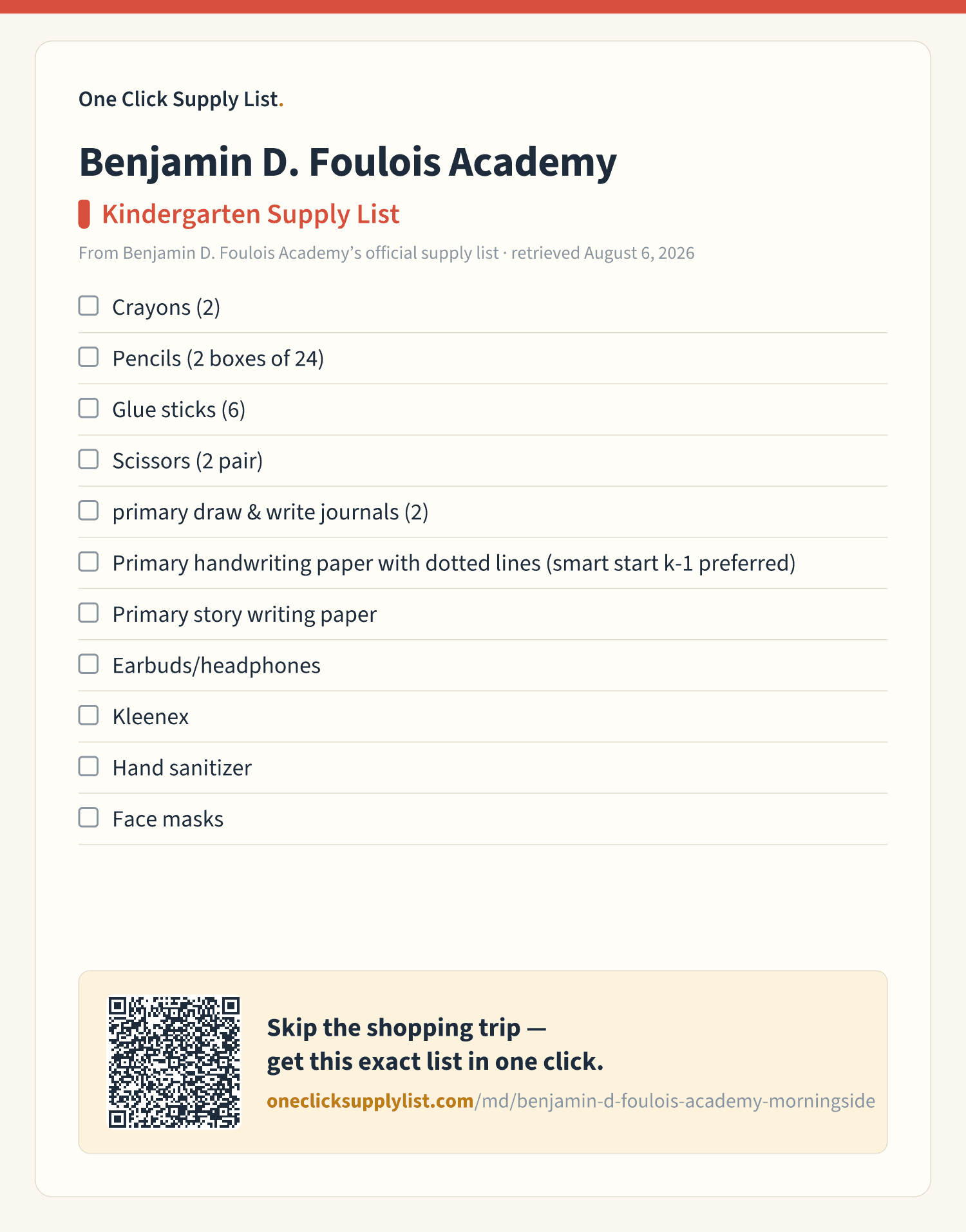 Benjamin D. Foulois Academy Kindergarten Supply List supply list — printable image