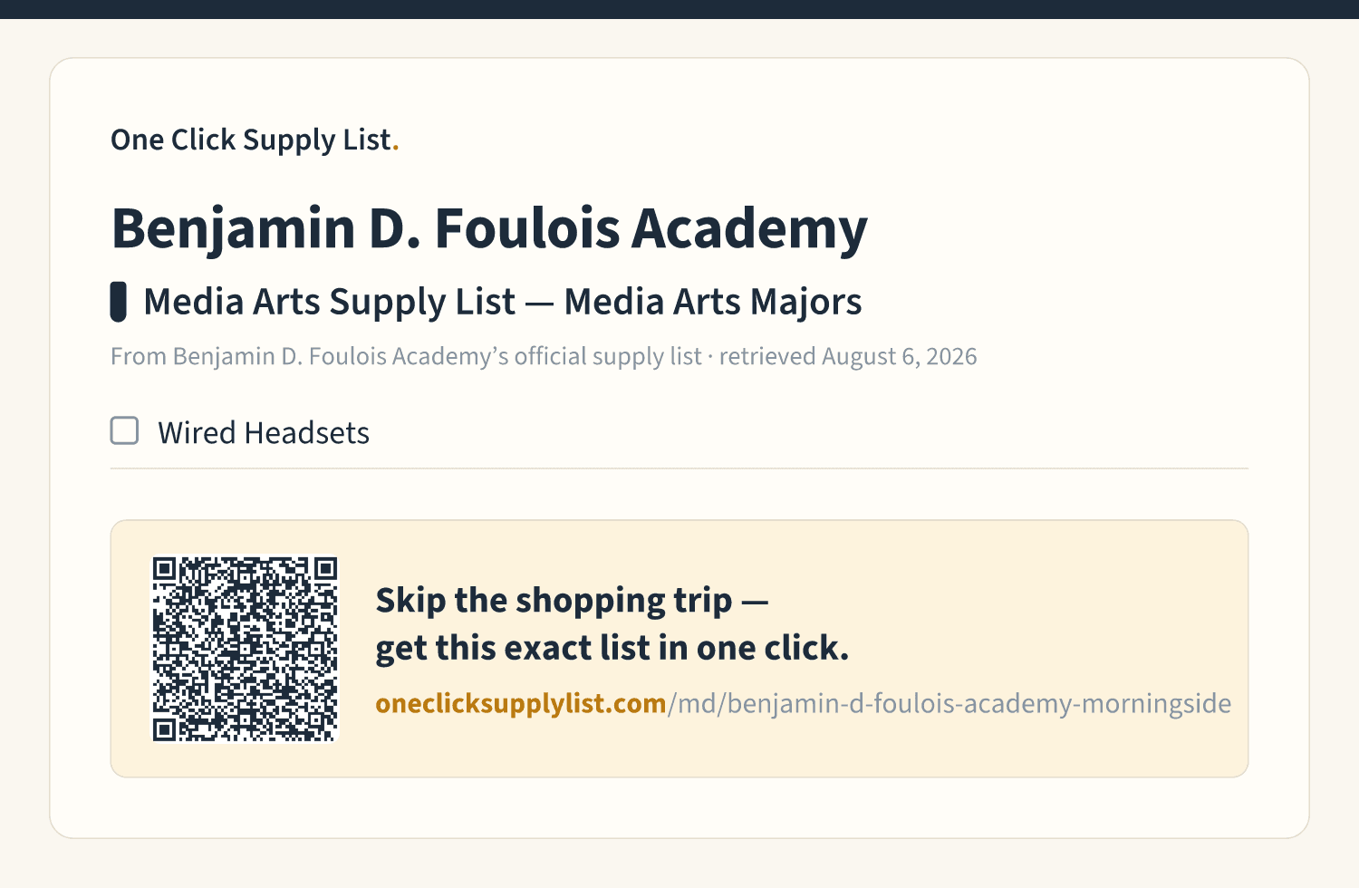 Benjamin D. Foulois Academy Media Arts Supply List — Media Arts Majors supply list — printable image
