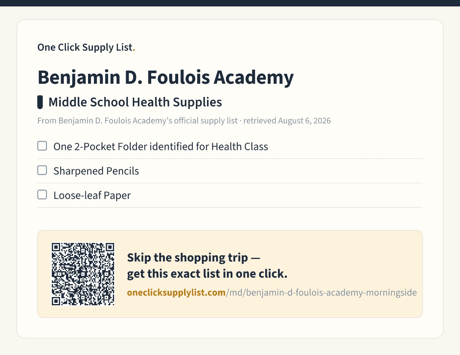 Benjamin D. Foulois Academy Middle School Health Supplies supply list — printable image