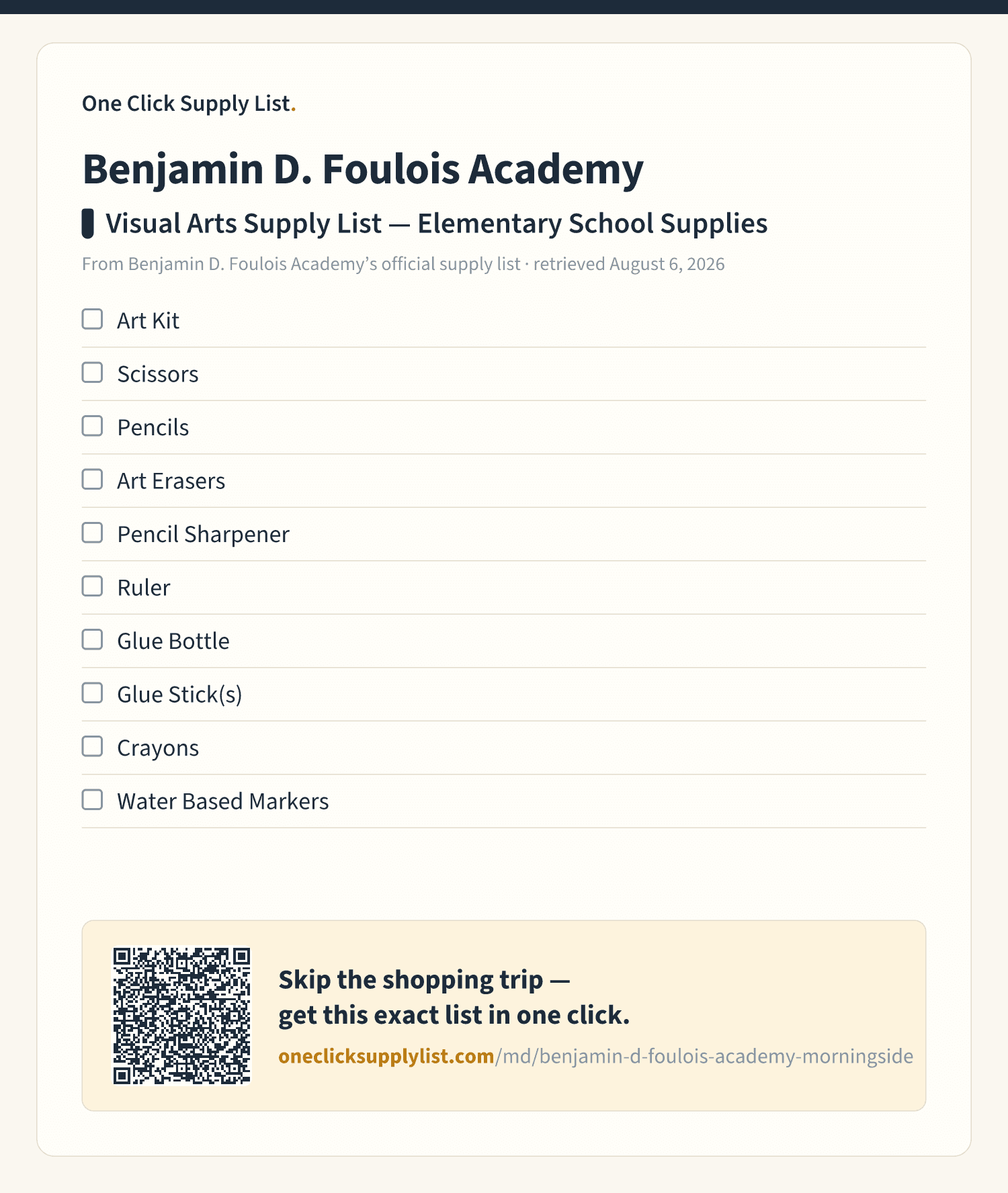 Benjamin D. Foulois Academy Visual Arts Supply List — Elementary School Supplies supply list — printable image
