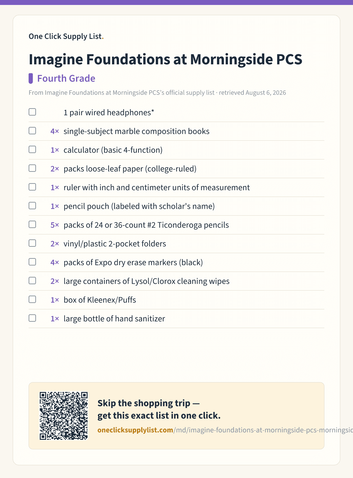 Imagine Foundations at Morningside PCS Fourth Grade supply list — printable image