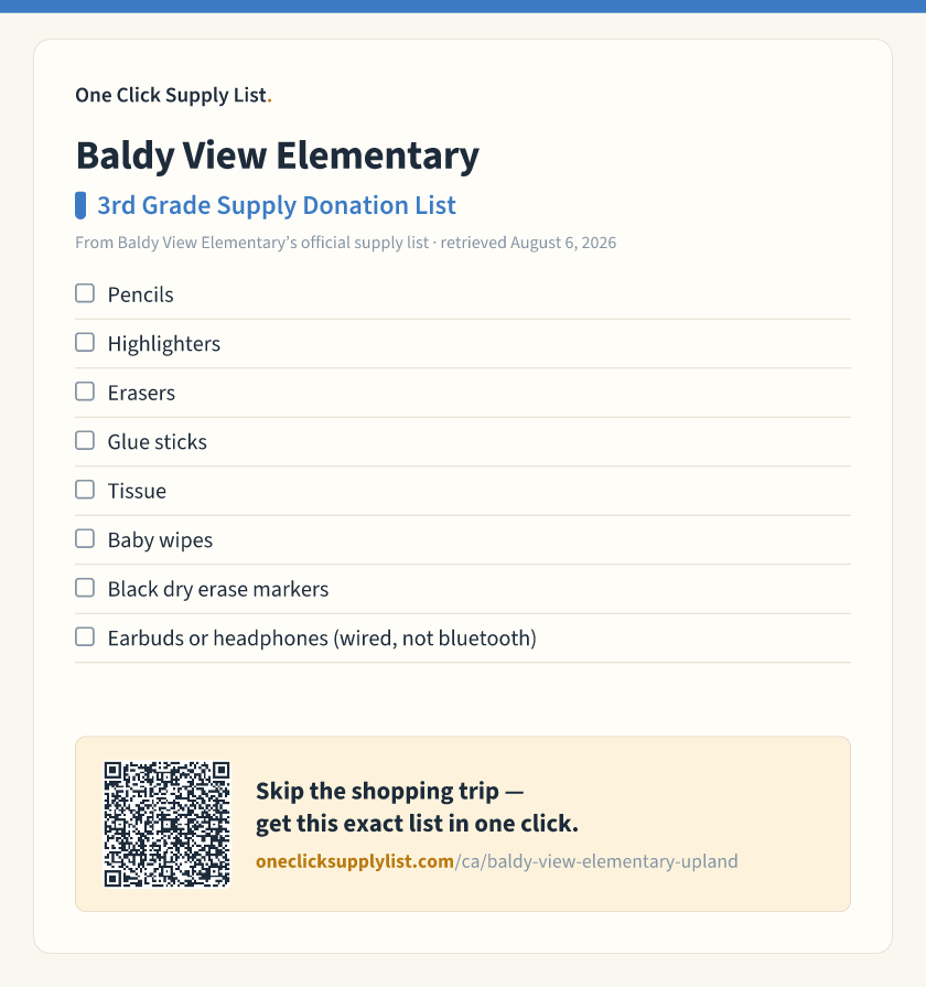 Baldy View Elementary 3rd Grade Supply Donation List supply list — printable image