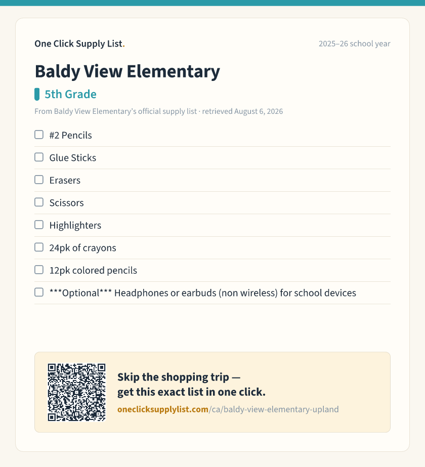 Baldy View Elementary 5th Grade supply list — printable image