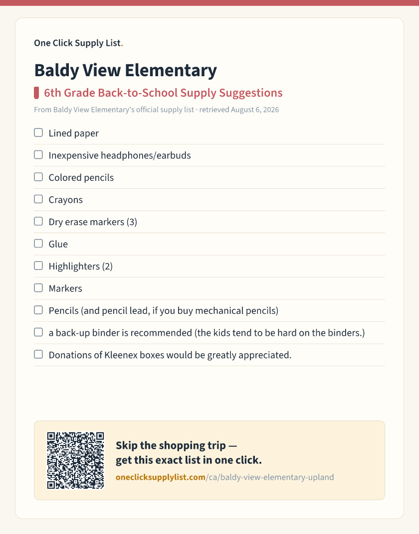Baldy View Elementary 6th Grade Back-to-School Supply Suggestions supply list — printable image