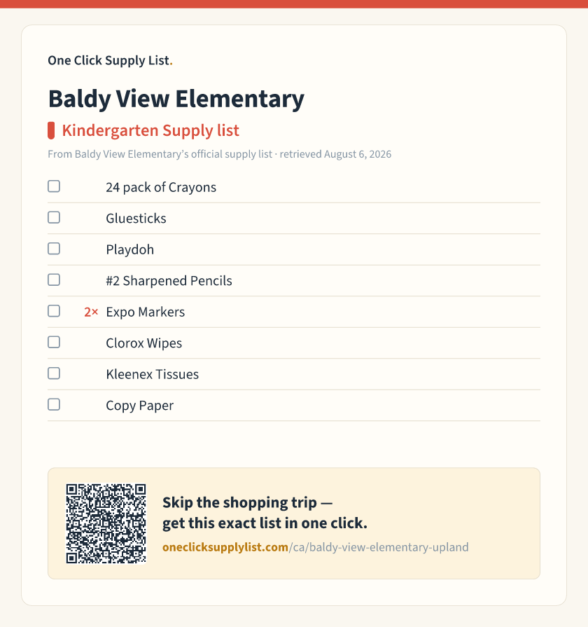 Baldy View Elementary Kindergarten Supply list supply list — printable image