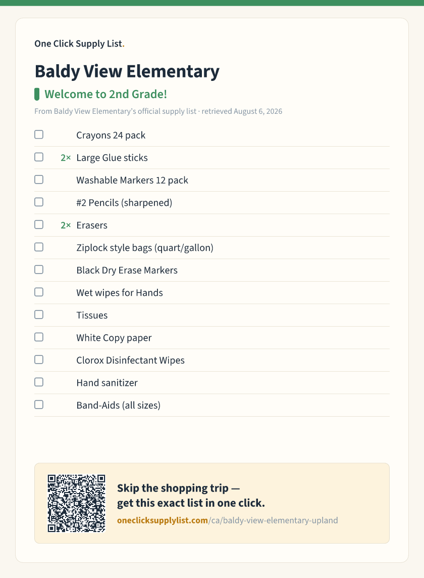 Baldy View Elementary Welcome to 2nd Grade! supply list — printable image