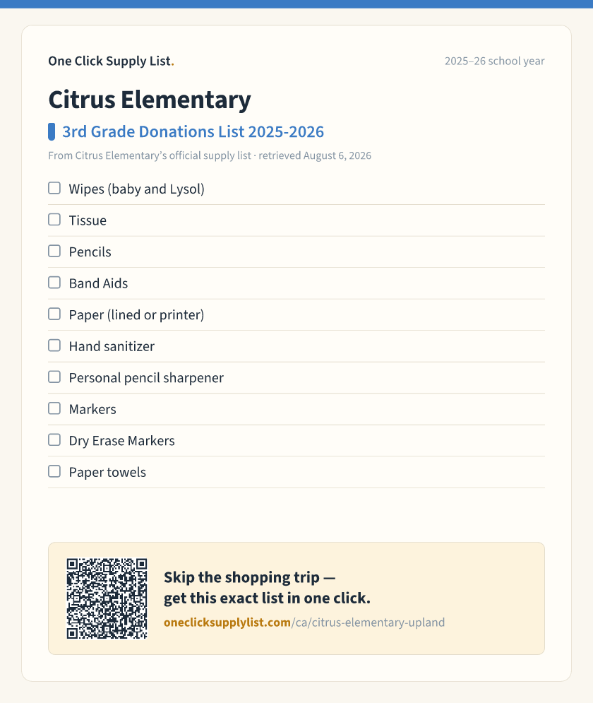 Citrus Elementary 3rd Grade Donations List 2025-2026 supply list — printable image