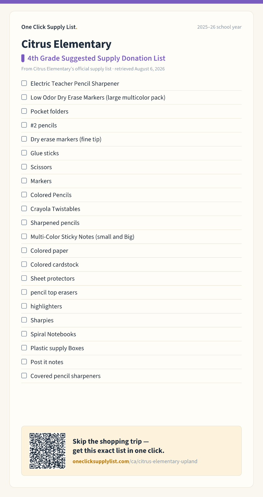 Citrus Elementary 4th Grade Suggested Supply Donation List supply list — printable image