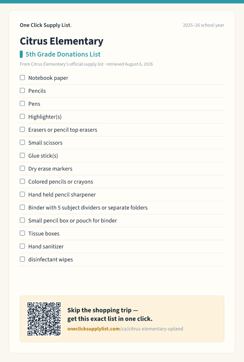 Citrus Elementary 5th Grade Donations List supply list — printable image