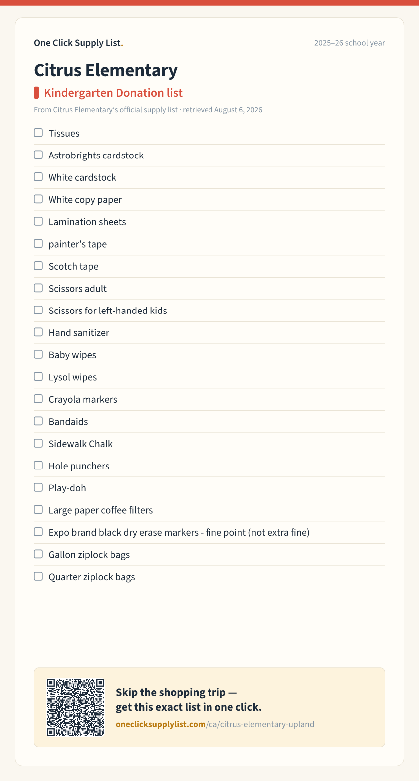 Citrus Elementary Kindergarten Donation list supply list — printable image