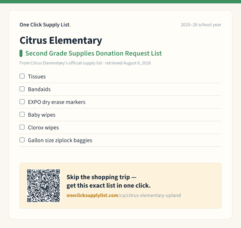 Citrus Elementary Second Grade Supplies Donation Request List supply list — printable image