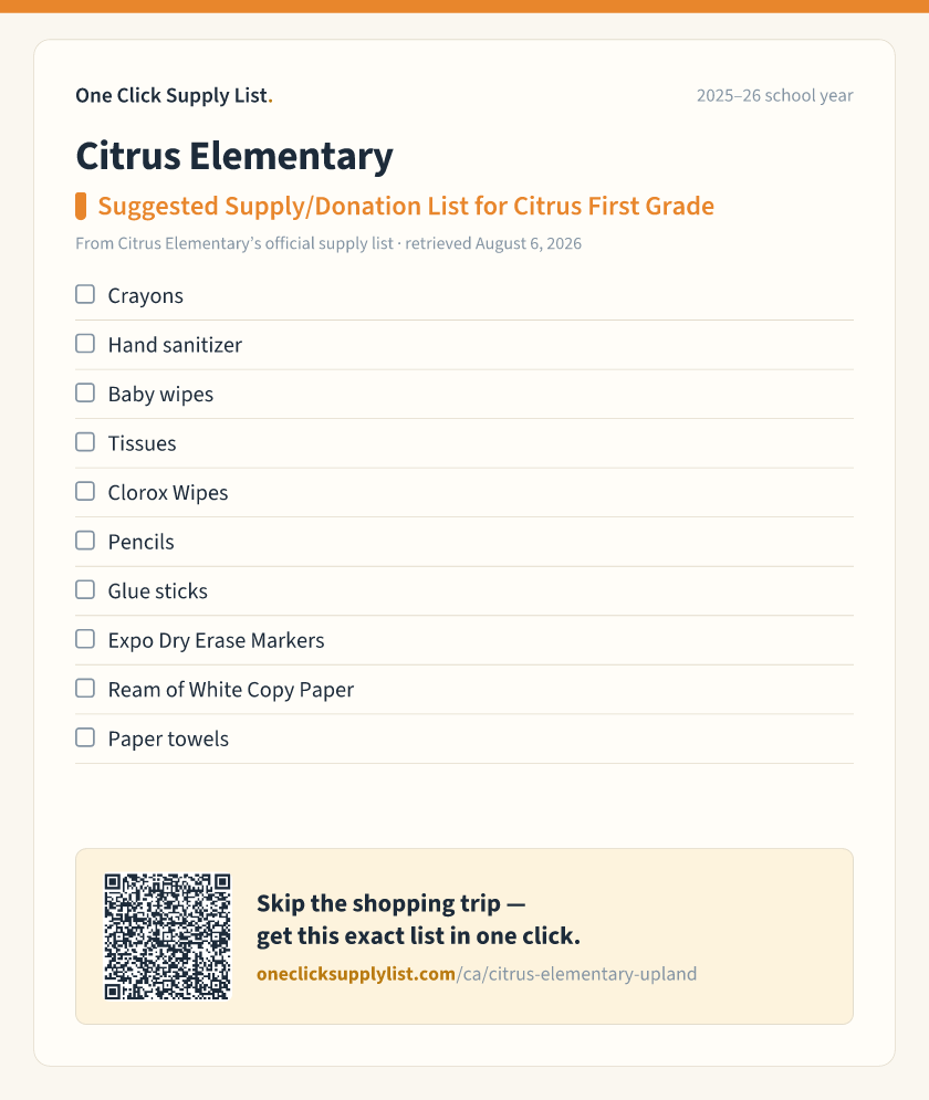 Citrus Elementary Suggested Supply/Donation List for Citrus First Grade supply list — printable image