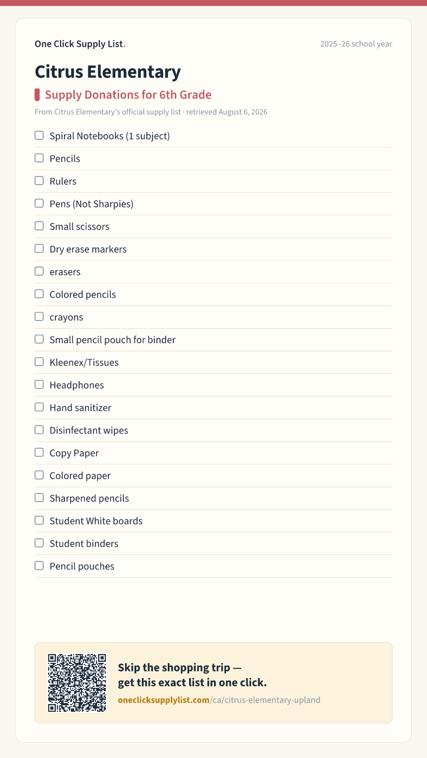 Citrus Elementary Supply Donations for 6th Grade supply list — printable image