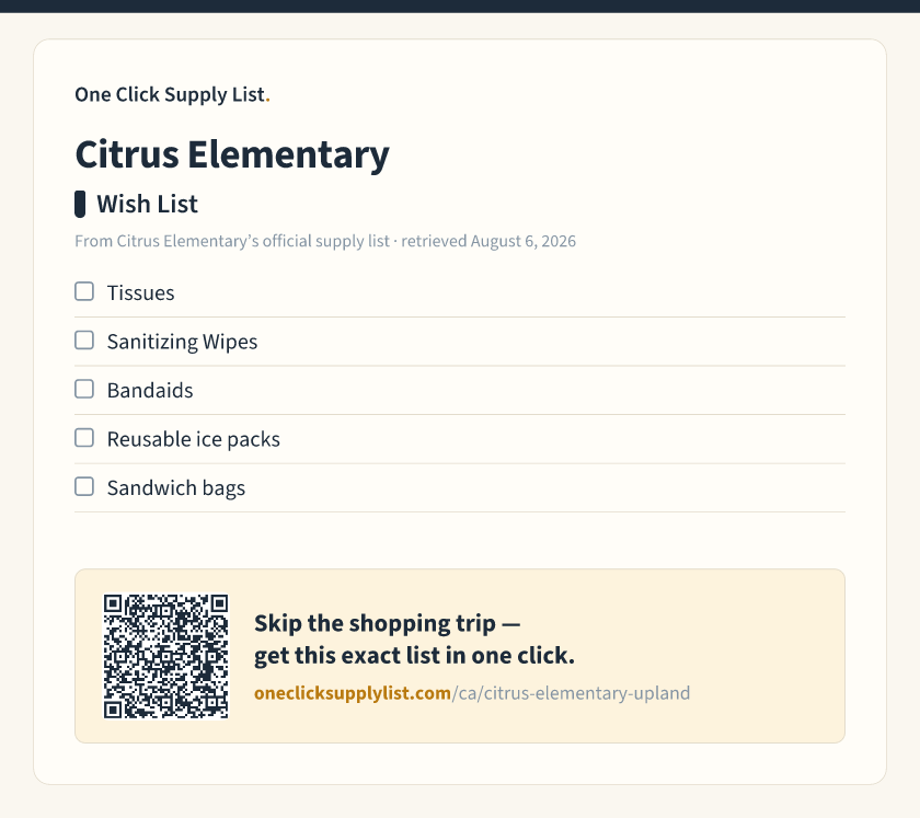 Citrus Elementary Wish List supply list — printable image