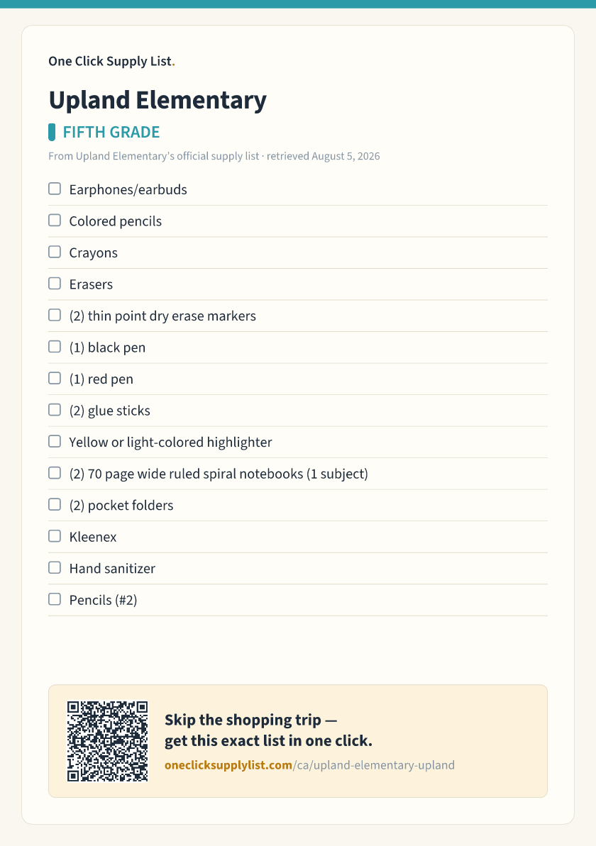 Upland Elementary FIFTH GRADE supply list — printable image