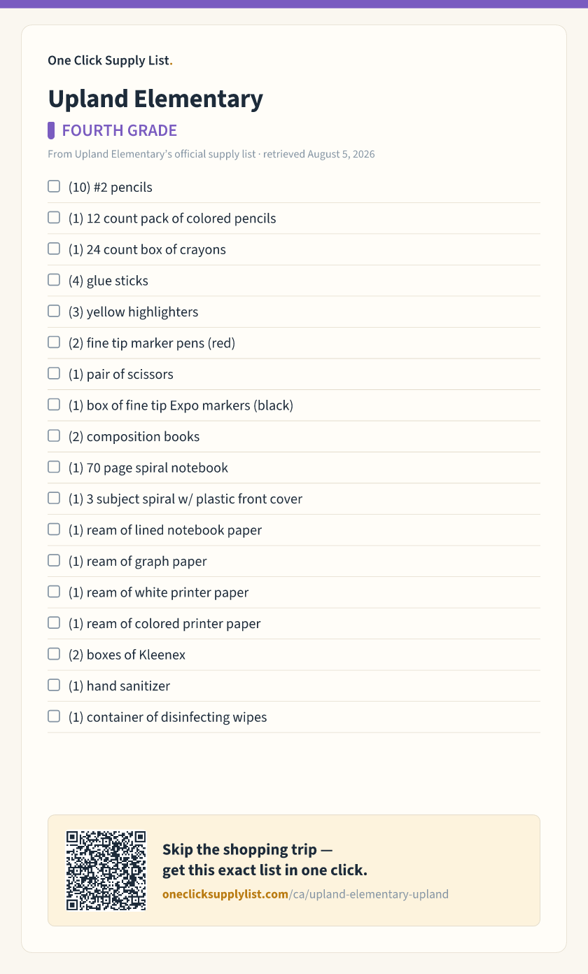Upland Elementary FOURTH GRADE supply list — printable image