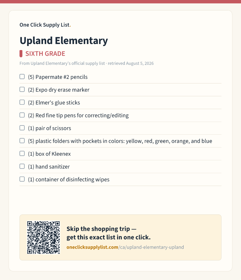 Upland Elementary SIXTH GRADE supply list — printable image