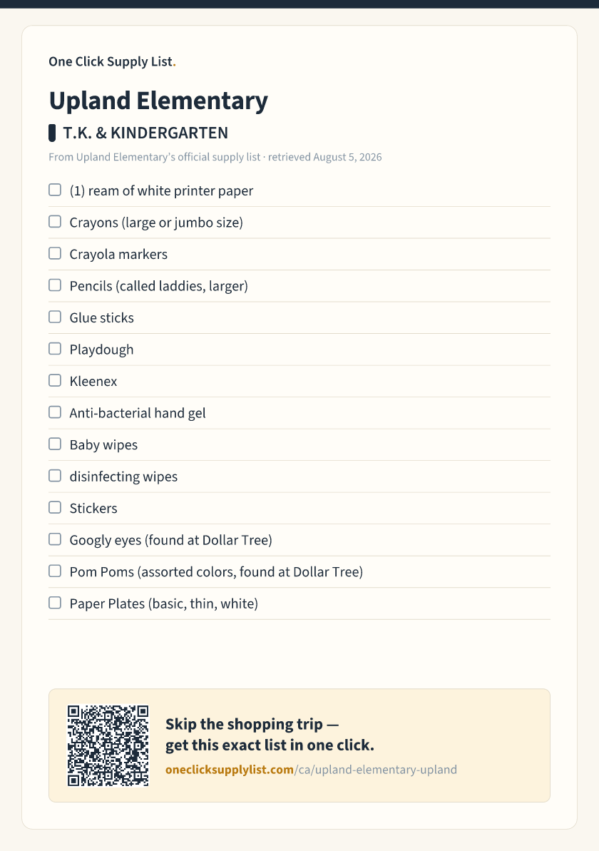Upland Elementary T.K. & KINDERGARTEN supply list — printable image