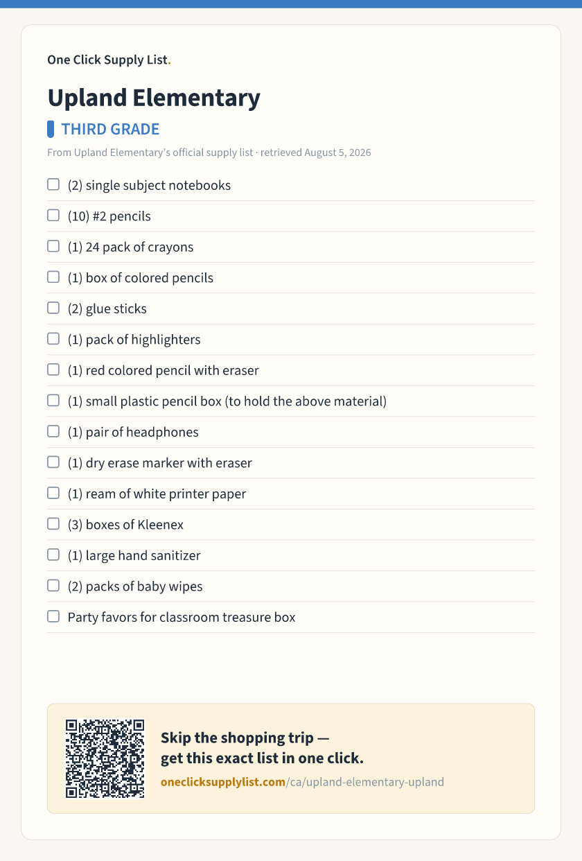 Upland Elementary THIRD GRADE supply list — printable image