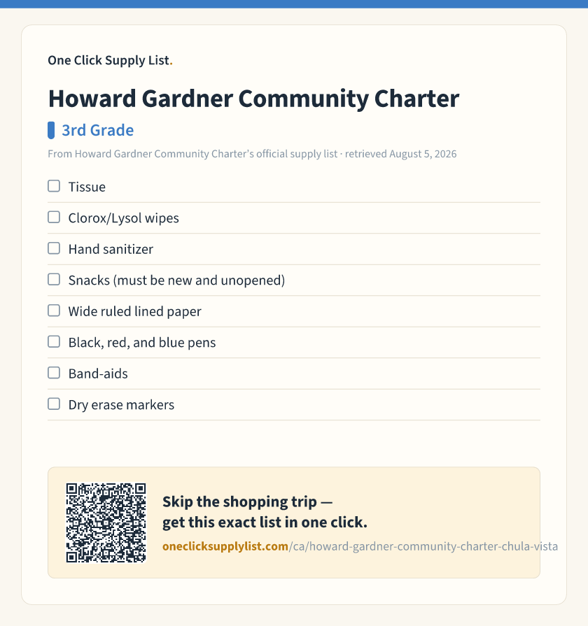 Howard Gardner Community Charter 3rd Grade supply list — printable image