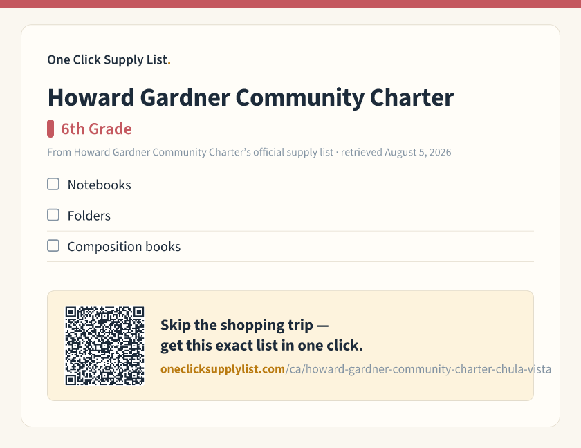 Howard Gardner Community Charter 6th Grade supply list — printable image