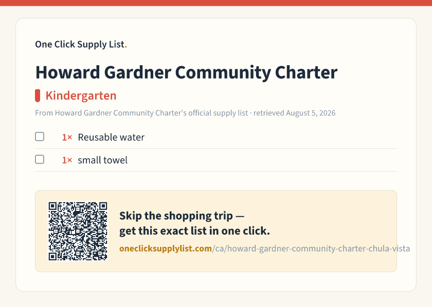 Howard Gardner Community Charter Kindergarten supply list — printable image