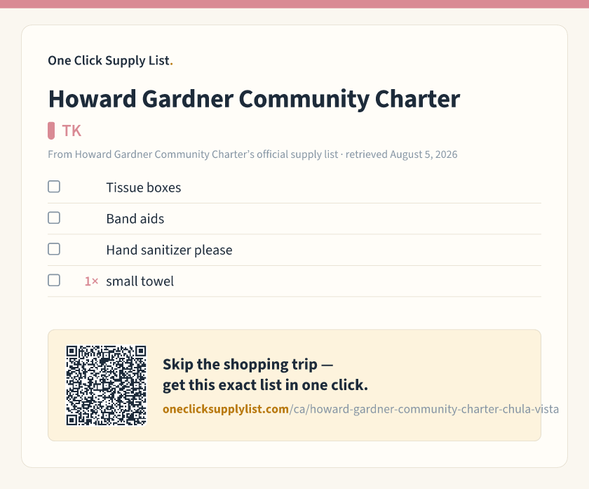 Howard Gardner Community Charter TK supply list — printable image