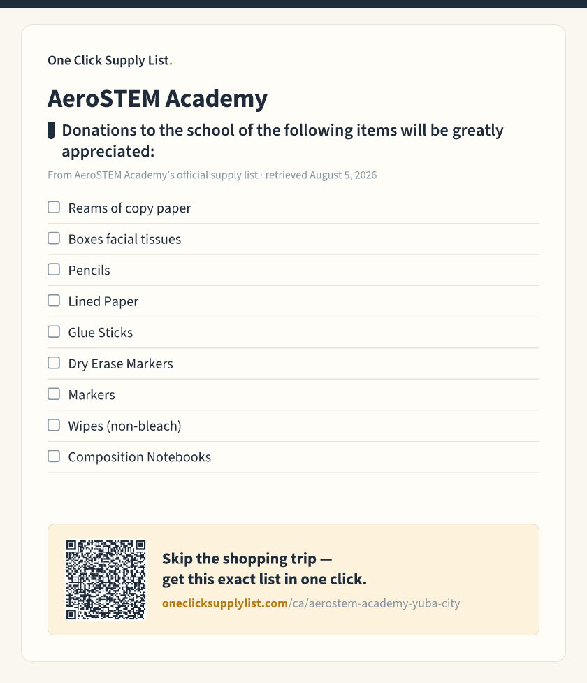AeroSTEM Academy Donations to the school of the following items will be greatly appreciated: supply list — printable image