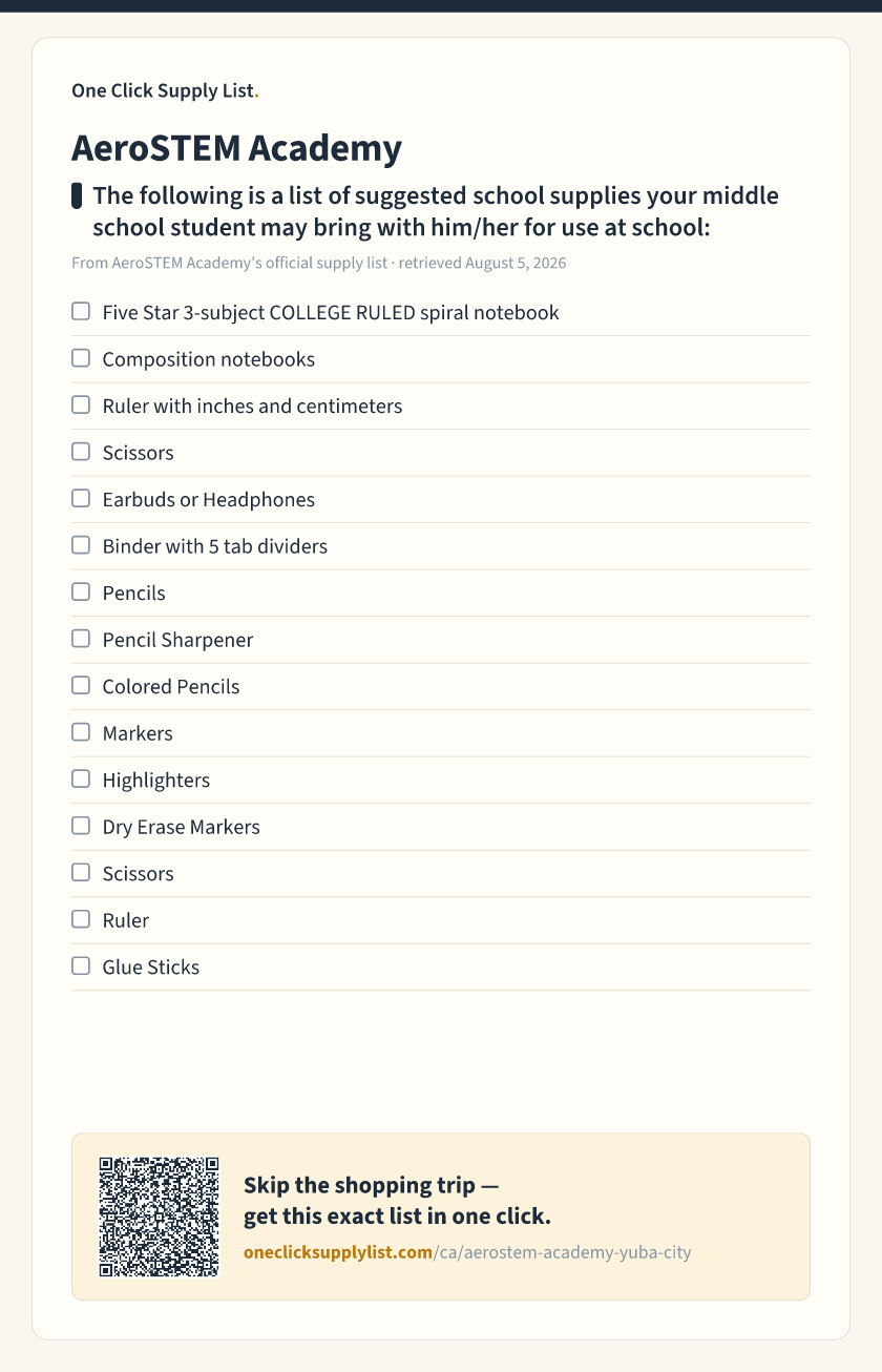 AeroSTEM Academy The following is a list of suggested school supplies your middle school student may bring with him/her for use at school: supply list — printable image