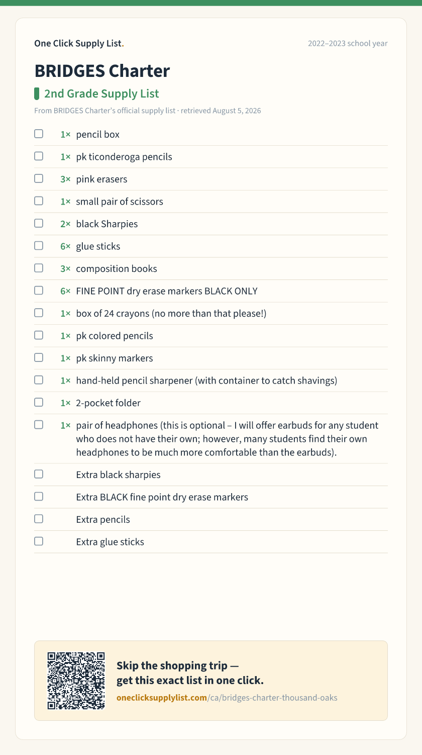 BRIDGES Charter 2nd Grade Supply List: supply list — printable image