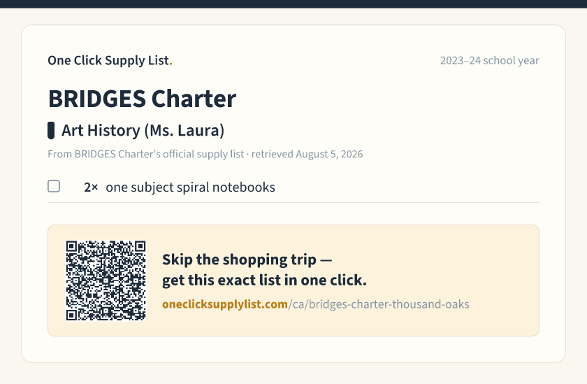 BRIDGES Charter Art History (Ms. Laura) supply list — printable image