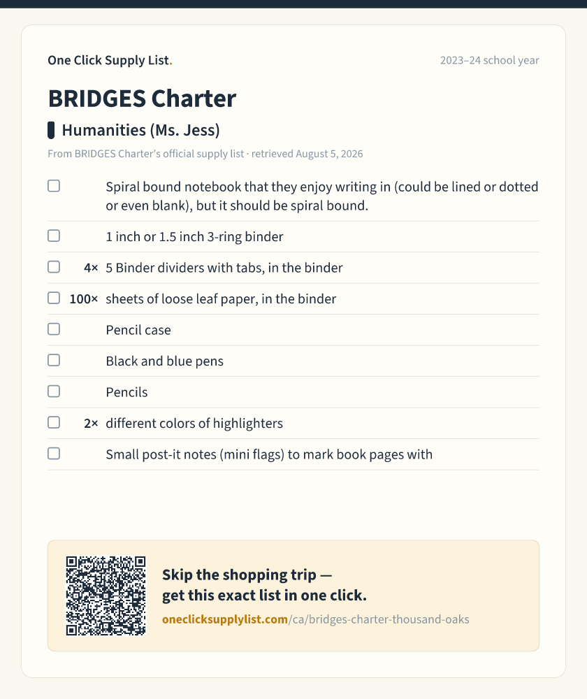 BRIDGES Charter Humanities (Ms. Jess) supply list — printable image
