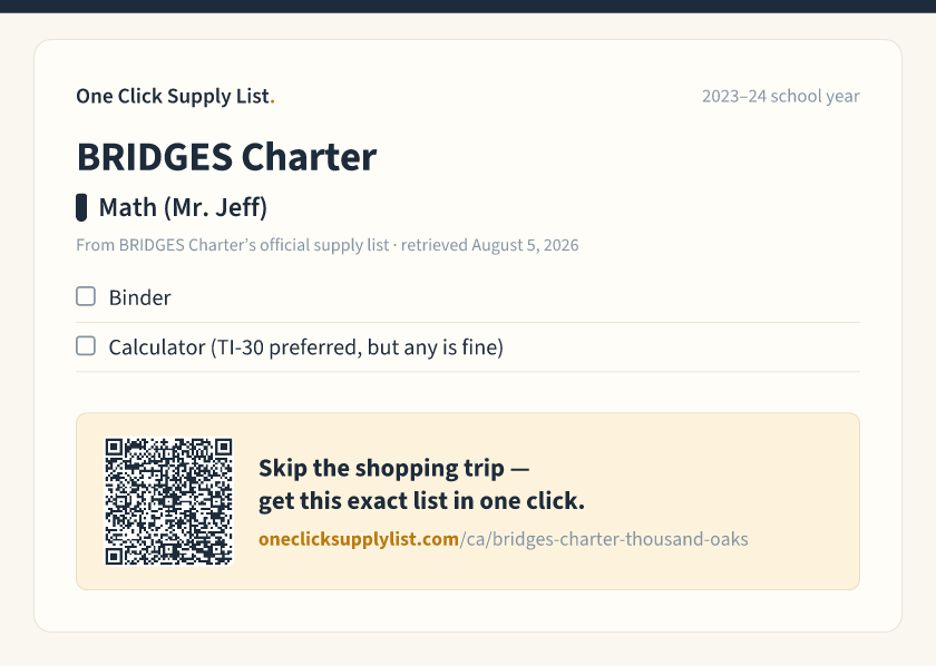 BRIDGES Charter Math (Mr. Jeff) supply list — printable image