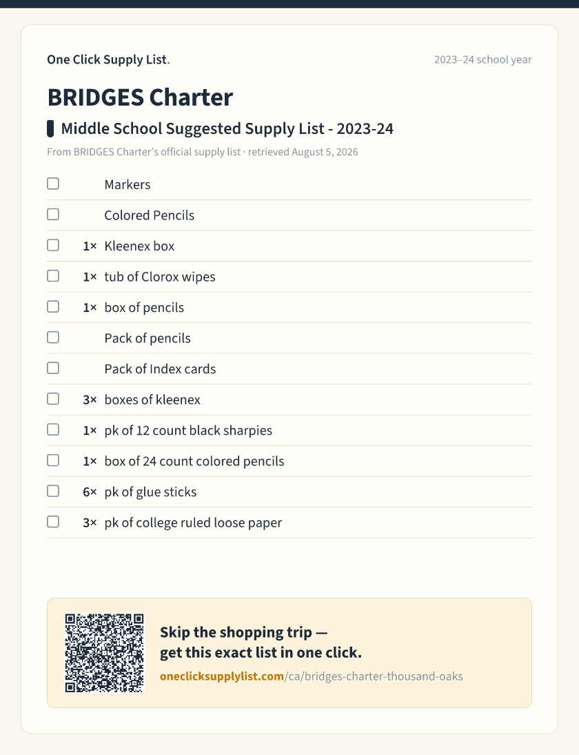 BRIDGES Charter Middle School Suggested Supply List - 2023-24 supply list — printable image