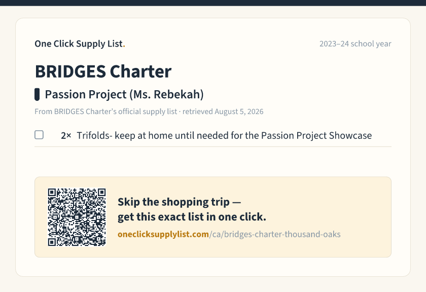 BRIDGES Charter Passion Project (Ms. Rebekah) supply list — printable image