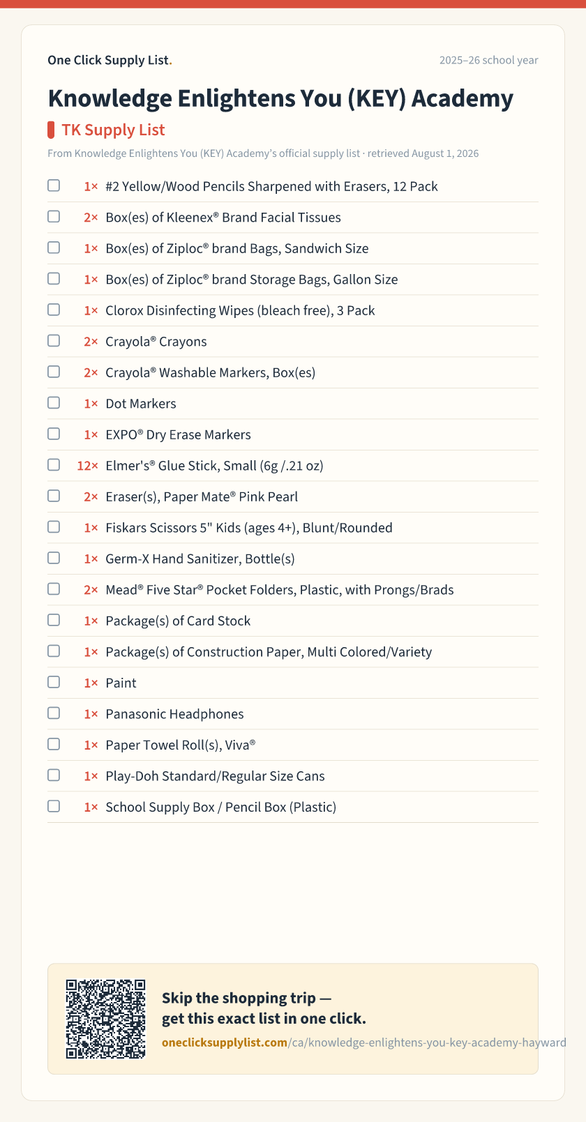 Knowledge Enlightens You (KEY) Academy TK Supply List supply list — printable image