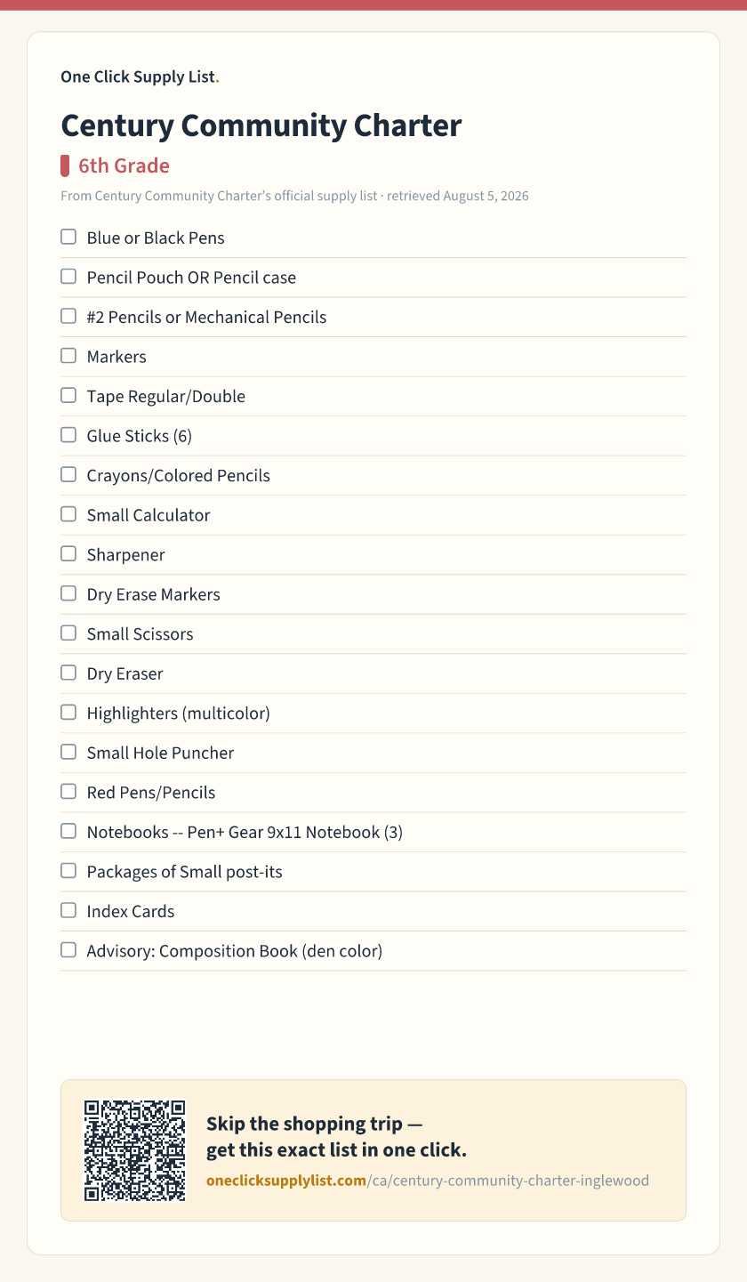 Century Community Charter 6th Grade supply list — printable image