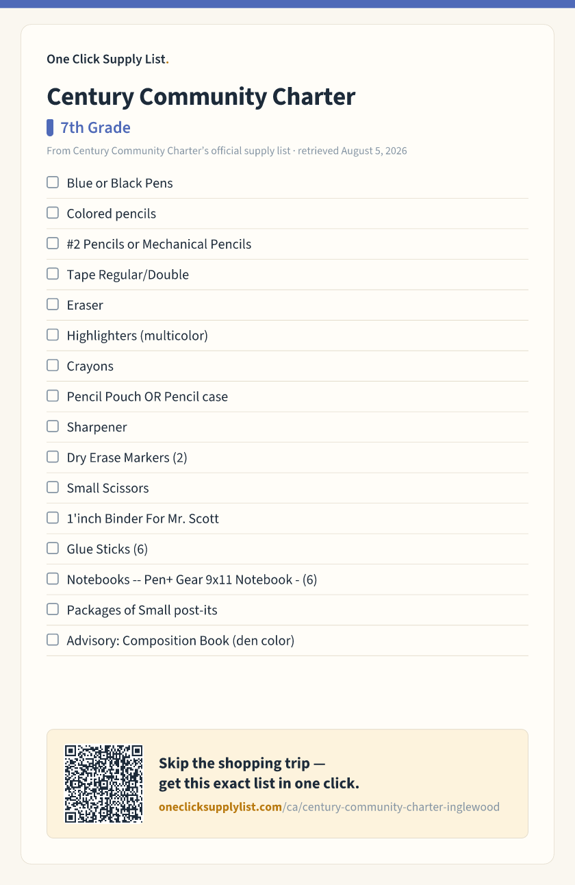 Century Community Charter 7th Grade supply list — printable image