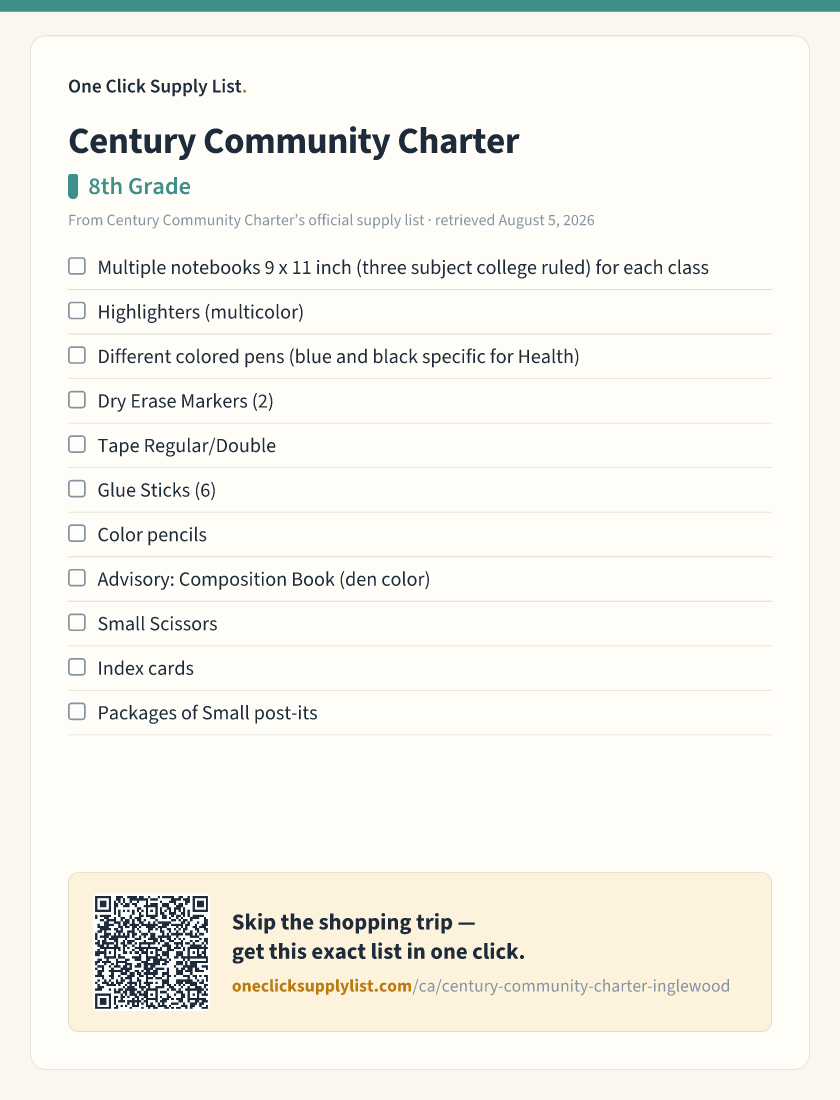 Century Community Charter 8th Grade supply list — printable image